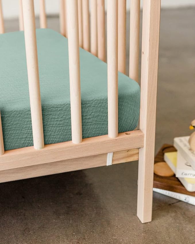 Blissful Diary Muslin Crib Sheets for Girl Boy, Boho Neutral Soft Cotton Baby Sheet for 52''x28'' Standard Crib Mattress, 1 Pack(Roman Green)