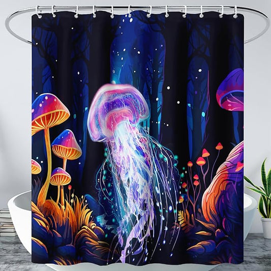 AILONEN Beautiful Jellyfish Shower Curtain,Magic Mushroom Waterproof Fabric Bath Curtain for Kids Girls,Boho Style Mysterious Planet Shower Curtain Set for Bathroom, 48" W*72" H