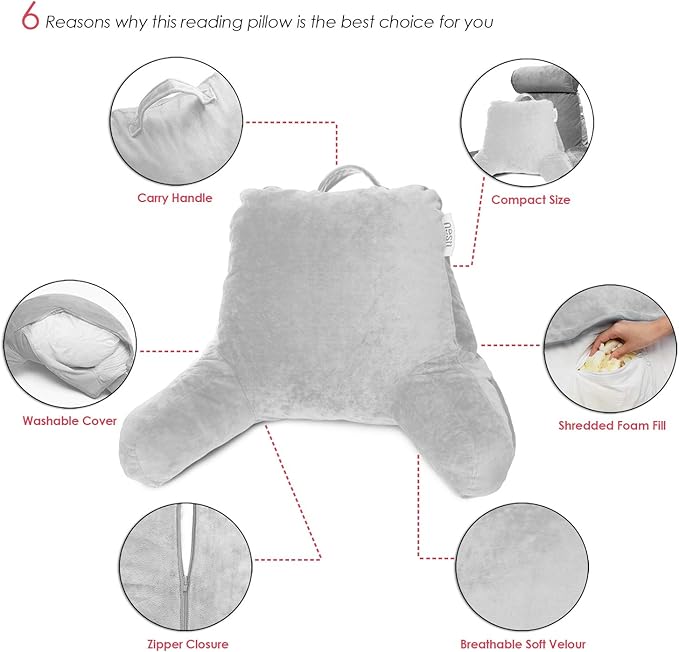 Nestl Reading Pillow for Kids, Small Bed Pillow, Back Pillow for Sitting in Bed, Memory Foam Chair Pillow, Reading & Bed Rest Pillows, Light Grey Back Pillow for Bed, Arm Pillow with Pockets