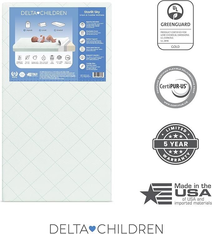 Delta Children Starlit Sky 2-Stage Crib and Toddler Mattress – GREENGUARD Gold Certified, CertiPUR-US Certified Foam, Breathable Machine Washable Cover, Waterproof Barrier, Made in USA, Green