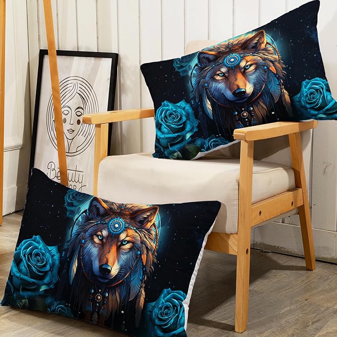 AILONEN Wolf Fitted Sheet Set Full Size Dream Catcher Bed Sheet Set, Blue Rose Smoke Wolf Sheet Set for Boys Girls,Animal Wolf Fitted Sheet with 2 Pillowcases,3 Pieces