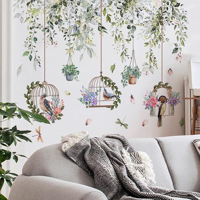Vine Bird Wall Decals Green Plant Birdcage Wall Stickers Birds and Hanging Birdcage Wall Decor for Kids Girls Baby Boys Bedroom Living Room Bathroom Playroom Classroom Nursery Decoration