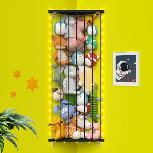 Stuffed Animal Storage Toy Organizer: Corner Stuff Animals Holder for Wall with LED Light - Kids Plush Toys Storage with Adjustable Length for Nursery Playroom Bedroom Kids Room(Black)