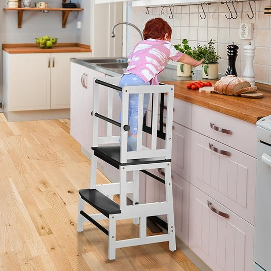 COSYLAND Kids Kitchen Step Stool, Toddler Standing Tower with CPC & FSC Certification, Removable Anti-Drop Railing Safety Rail Enjoys Unique Patented Design A Anti-tip Stable Structure Black & White