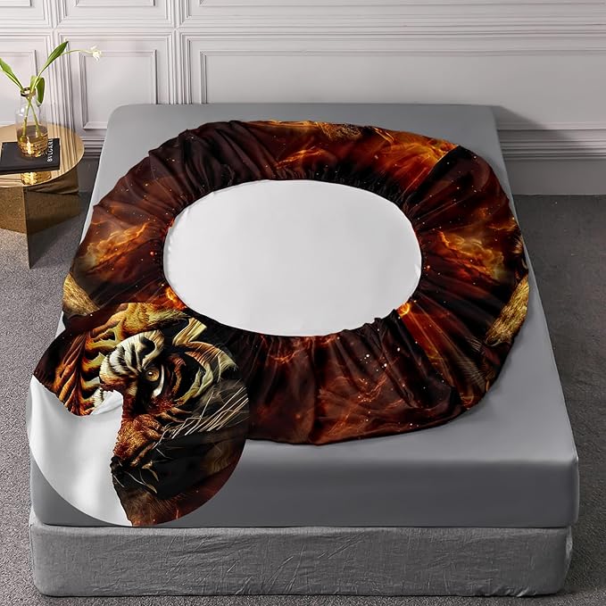 AILONEN Tiger Fitted Sheet Set Twin XL Size, 3D Fire Animal Tiger Bed Sheet Wildlife Sheet Set,Teen Boys 3 Pieces Printed Safari Tiger Fitted Sheet with 2 Pillowcases