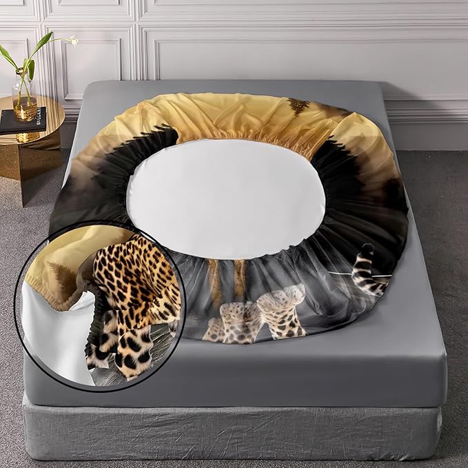 AILONEN Leopard Fitted Sheet Set Queen Size, 3D Cheetah Printed Bed Sheet Set,Wildlife Bedding Leopard Sheet Set,Wild Animal Leopard Bed Sheet Set Boys Fitted Sheet with 2 Pillowcases,3 Pieces