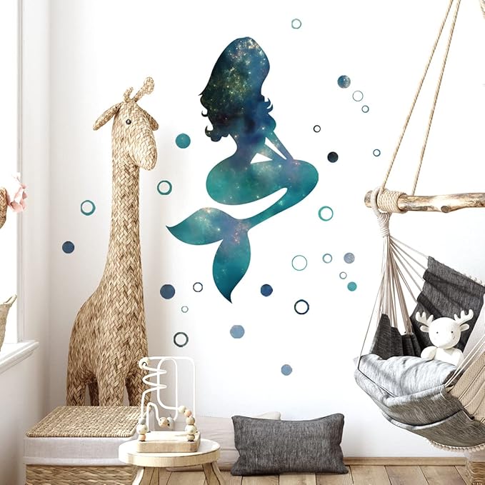 Mermaid Wall Stickers - Enchanting Blue & Green Design, 70cm x 27.5in, with 90 Bubbles