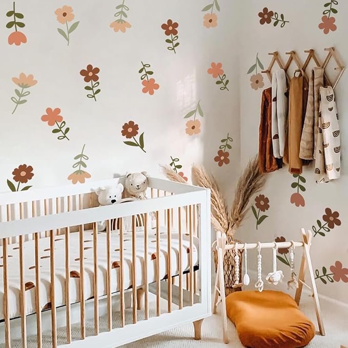 72pcs Flowers Wall Decals,Boho Flowers Wall Stickers,Wildflower Grass Wall Stickers,Removable Floral Wall Murals Peel and Stick Colorful Flower Wall Decor,Girls Bedroom Living Room Kitchen Wall Decor