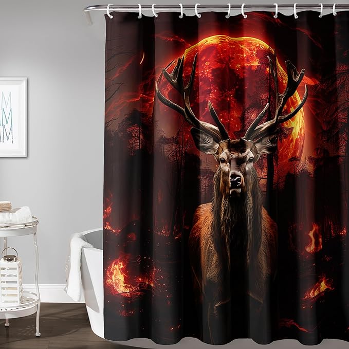 AILONEN Deer Hunting Shower Curtain for Boys,Moon Flame Fire Elk Bath Curtain for Bathroom,Print Polyester Waterproof with 12 Plastic Hooks 72" W*72" H