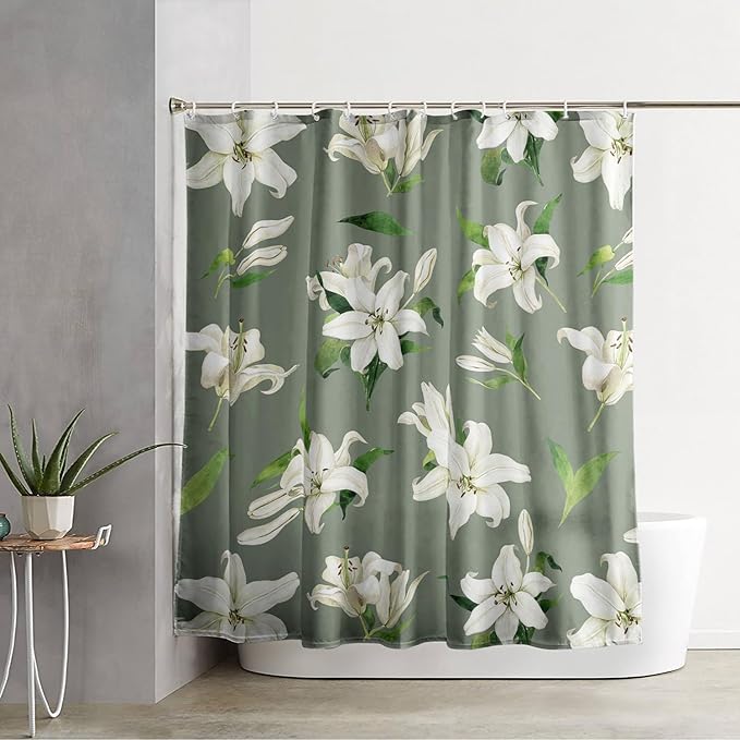 AILONEN Flower Shower Curtain, Vintage Garden Lilies Theme Waterproof Fabric Shower Curtain Set,Green Spring Flowers Bathroom Decor for Teen Girls Women,36" W*72" H