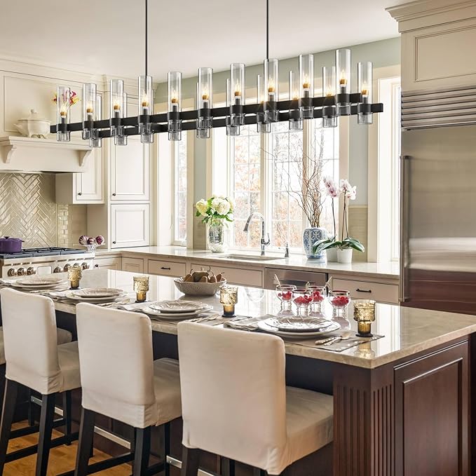 Black Kitchen Island Lighting-20-Light Linear Chandelier, Adjustable 67.7'' Modern Farmhouse Rectangle Pendant Light Fixtures, Dining Room, Bedroom