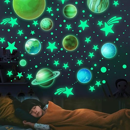 NICENEEDED Glow in The Dark Planets Stars Wall Decal, 435 PCS Star Ceiling Stickers with 10 PCS Planet Stickers, Self-Adhensive Luminous Sticker Decals for Bedroom Decoration