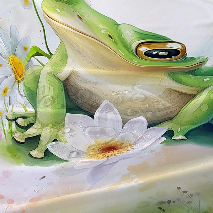 AILONEN Cartoon Frog Shower Curtain Set for Bathroom,Green Frog Bath Curtain,Amphibian Animal Shower Curtain,Tie Dye Flowers Waterproof Fabric Shower Curtain with Hooks,72" W*96" H