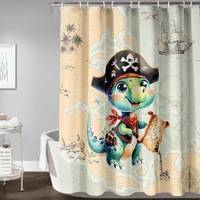 AILONEN Cute Dinosaur Shower Curtain,Ocean Map Nautical Pirate Dinosaur Bath Curtain,Boys Exploring Captain Dinosaur Decoration Kids Curtain with 12 Plastic Hooks,Waterproof 72" W*96" H