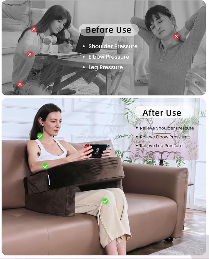 Weighted Idea Reading Pillow for Gaming, Meduim Gaming Pillow for Adult,Table Pillow with 2 Side Pockets for Gaming, Reading, Working Sitting in Bed Floor Sofa (Brown)