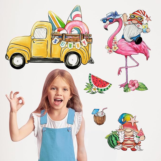 Mfault Summer Gnome Wall Decals Stickers, Sunny Flamingo Yellow Truck Farmhouse Decorations Bedroom Art, Tropical Watermelon Coconut Seasonal Home Kitchen Hawaii Holiday Decor