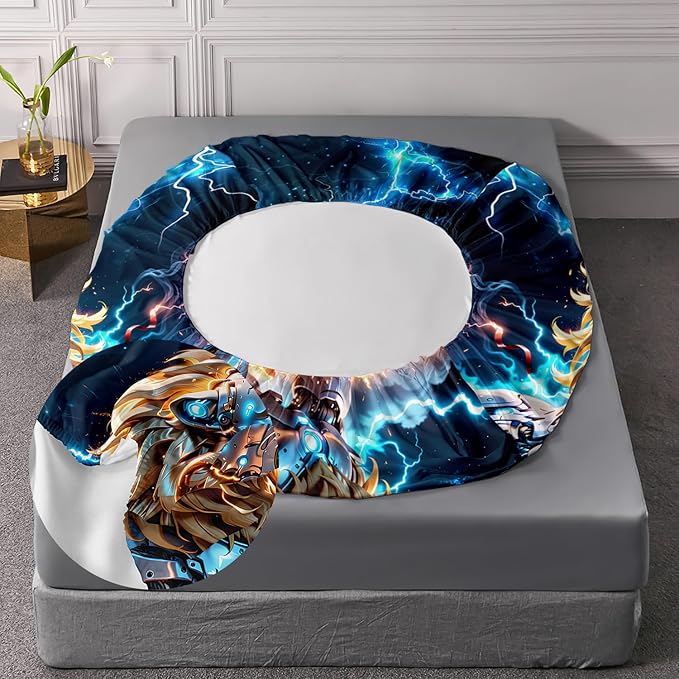 AILONEN Boys Lion Fitted Sheet Set Twin XL Size, Safari Animal Lion Blue Lightning 3 Pieces Printed Kids Bed Sheet Set,Wildlife Fitted Sheet with 2 Pillowcases