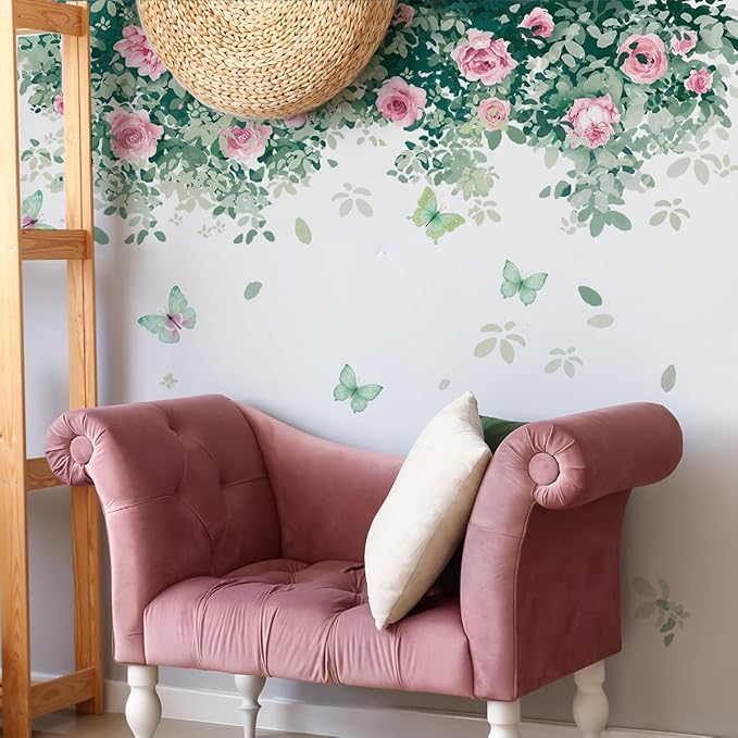 Pink Rose Wall Stickers - Stylish Home Decor with Green Leaves, 30x90cm