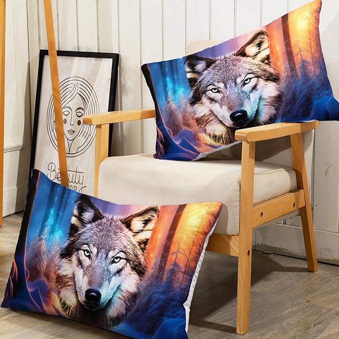 AILONEN Wolf Fitted Sheet Set Twin Size, Winter Forest Wildlife Bedding Set Wolf Sheet Set for Boys Teen Kids,Safari Wolf Printed Bed Sheet Set Wolf Fitted Sheet with 2 Pillowcases,3 Pieces