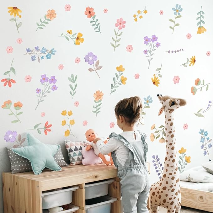 Boho Flower Wall Decals,Watercolor Flower Wall Art,Wildflower Wall Decals,Girls Bedroom Removable Wall Decals,Nursery Kids Room Decor Vinyl Murals DIY Cute Decorations (Wildflower Wall Stickers)