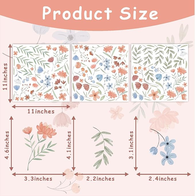 Boho Floral Wall Decals Small Flower Leaf Wall Stickers Watercolor Wildflower Botanical Plant Leaves Wall Stickers Removable Boho Flower Wall Decals for Nursery Kids Room Girls Bedroom Decor