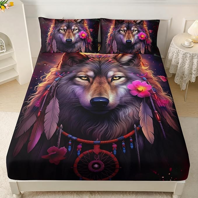 AILONEN Wolf Dream Catcher Fitted Sheet Set Twin XL Size, Wildlife Wolf Bed Sheet Set,Safari Animal Moon Wolf Fitted Sheet and 2 Pillowcases,3 Pieces(Boys/Men/Kids/Teens)