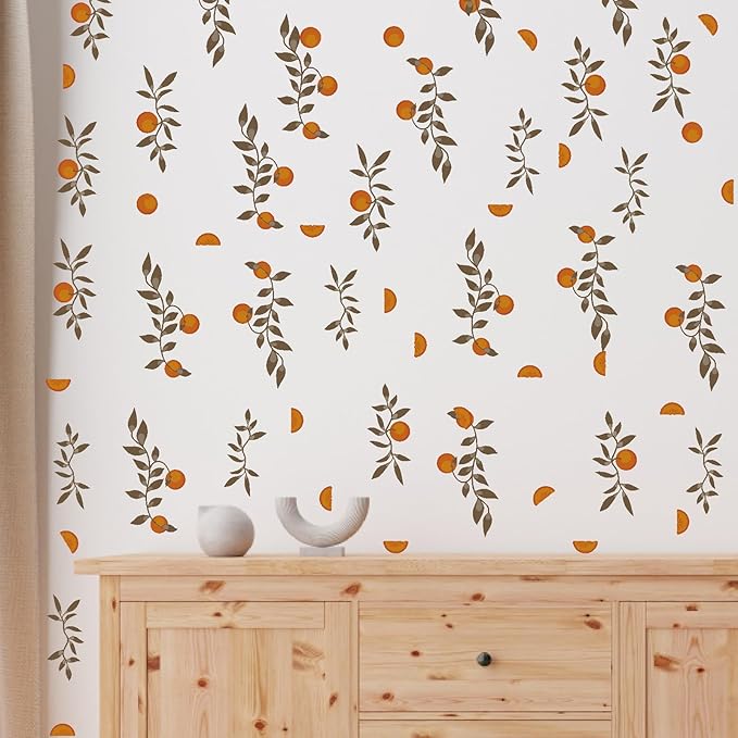 Orange Leaf Wall Stickers Boho Fruit Leaf Wall Stickers Removable Botanical Vintage Fruit Wall Decals Citrus Green Leaves Orange Wall Stickers for Nursery Kids Room Bedroom Kitchen Decor