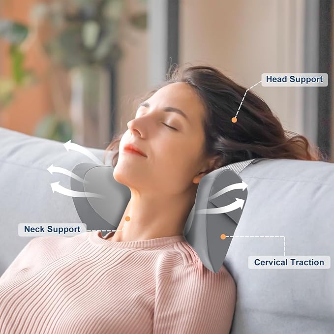 PouHenier.jh Ergonomic Headrest Pillow for Recliner Chair Sleeping Neck Support, Memory Foam Head and Neck Cushion Pillow with Adjustable Velcro for Sofa, Couch, Office Chair, Side and Rear Pockets