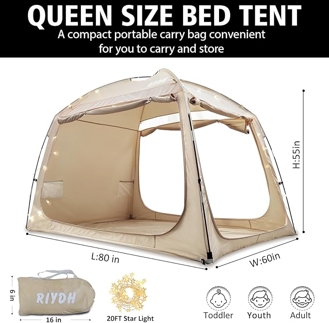 Bed Tent Bed Canopy Queen Size for Adult and Kids - Portable Sleeping Tents Indoor Dream Tents 70% Blackout with String Light 3 Doors Breathable Privacy Space Tents