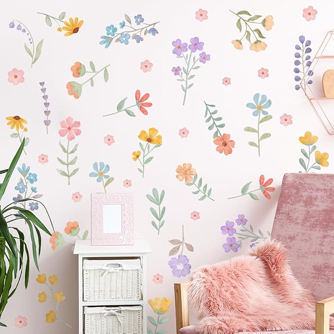 Boho Flower Wall Decals,Watercolor Flower Wall Art,Wildflower Wall Decals,Girls Bedroom Removable Wall Decals,Nursery Kids Room Decor Vinyl Murals DIY Cute Decorations (Wildflower Wall Stickers)