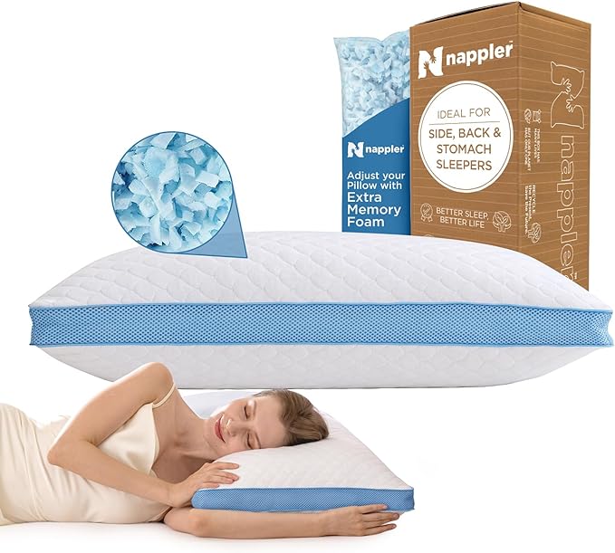 Side and Back Sleeper Pillow for Neck and Shoulder Pain Relief - Shredded Memory Foam Bed Pillow for Sleeping - 100% Adjustable Fill - Standard Size Modal Washable Case. Extra Fill Included