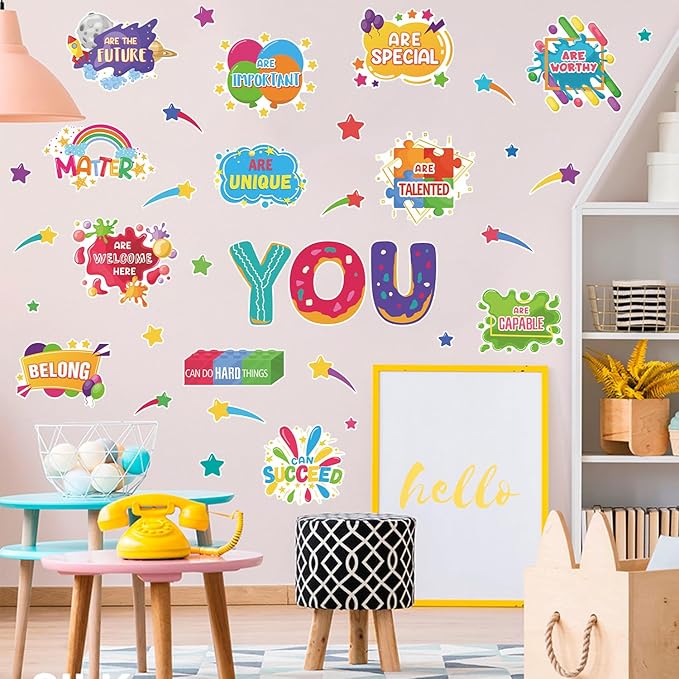 LHIUEM Kids Inspirational Wall Decals 38PCS Funny Daycare Wall Stickers for Toddler Splatter Stars Peel and Stick Testing Motivation Gifts for Students Splotches Wall Decor for Classroom Playroom Bathroom