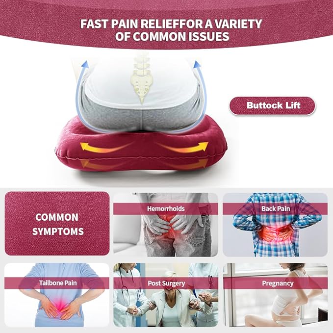 Inflatable Donut Pillow,Hemorrhoid Cushion- Excellent for Tailbone, Prostate, Sciatica, Bed sores, Postpartum Pregnancy, Post-Surgical Pain-Orthopedic Firm seat Cushion for Home, Office or car (red)