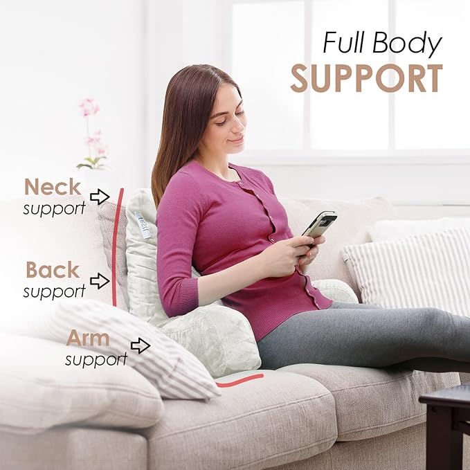 Nestl Reading Pillow Standard Bed Pillow, Back Pillow for Sitting in Bed Shredded Memory Foam Chair Pillow, Reading & Bed Rest Pillows White Back Pillow for Bed, Bed Chair Arm Pillow with Pockets