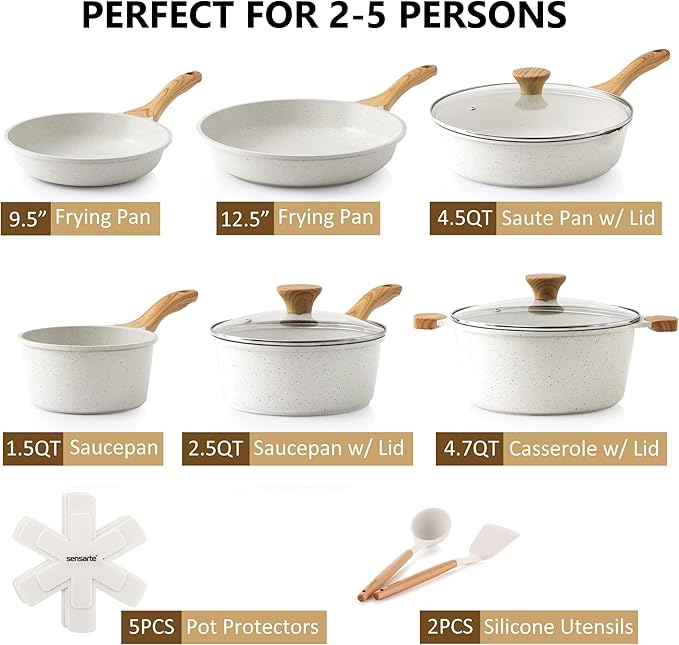 SENSARTE Nonstick Ceramic Cookware Set 16-Piece, Healthy Pots and Pans Set, Non-toxic Kitchen Cooking Set with Stay-Cool Handles, Silicone Utensils and Pot Protectors, PFAS and PFOA Free