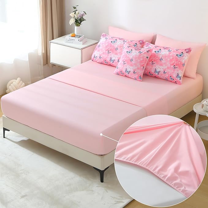 JQinHome 8 Piece Butterfly Comforter Set Full, 3D Pink Flower Printed Butterfly Bedding Set,All Season Microfiber Butterfly Theme Home Decor Bedding for Girls with Sheet Sets(Pink)