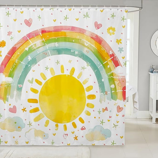 Feelyou Boys Girls Sun Bathroom Shower Curtain Set Rainbow Bath Curtain Colorful Shower Curtain Kids Cute Cartoon Teens Bathroom Accessories Room Decor 72"x78"