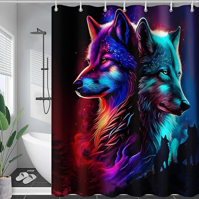 AILONEN Wolf Shower Curtain,Evening Howling Wolf Bath Curtain for Bathroom Decor,Wildlife Shower Curtain for Teens,Polyester Waterproof with Plastic Hooks 36" W*72" H