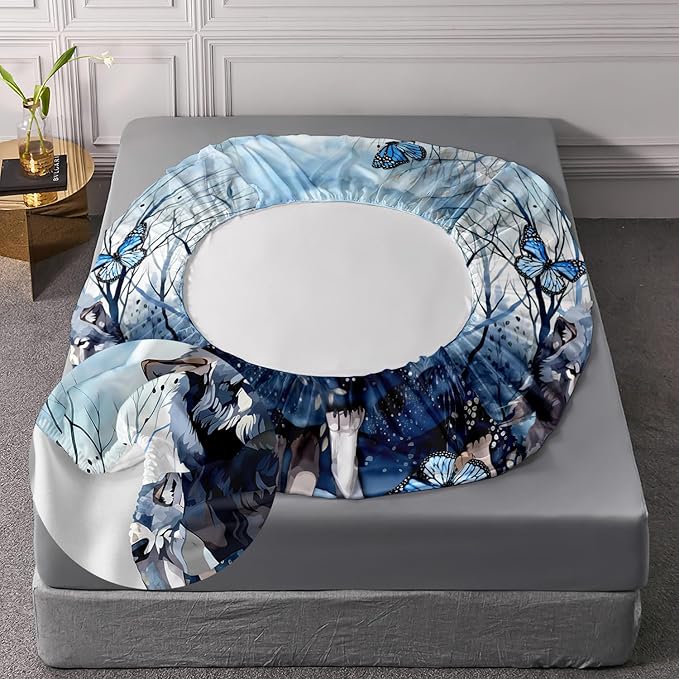 AILONEN Wolf Fitted Sheet Set Queen Size for Boys Girls Animal Wolf Wildlife Bed Sheet Set,Tie Dye Wolf Fitted Sheet with 2 Pillowcases,3 Pieces Safari Wolves Print Bed Sheet Set