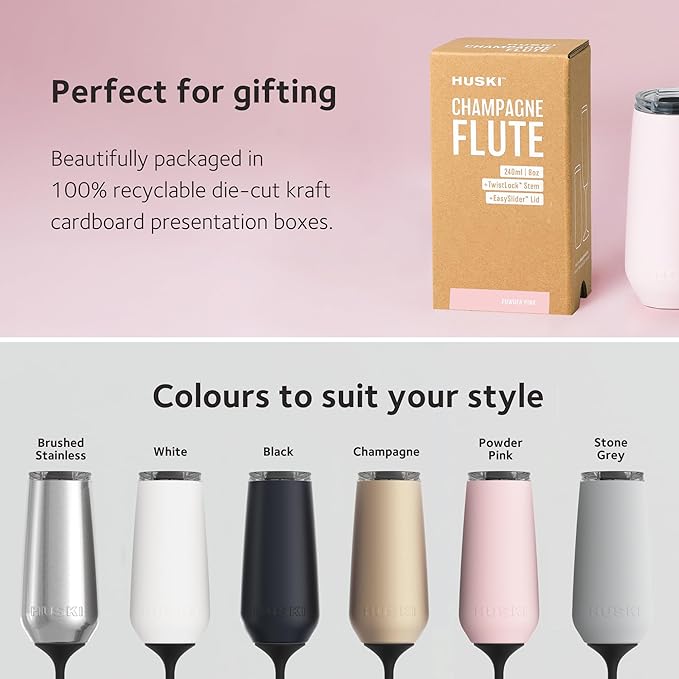 Huski Champagne Flute | NEW | Premium Stainless Steel Champagne Glass with Lid | Go Stemmed or Stemless with Detachable Stem | Triple Insulated Tumbler | 8oz Capacity | Great Gift (Brushed Stainless)