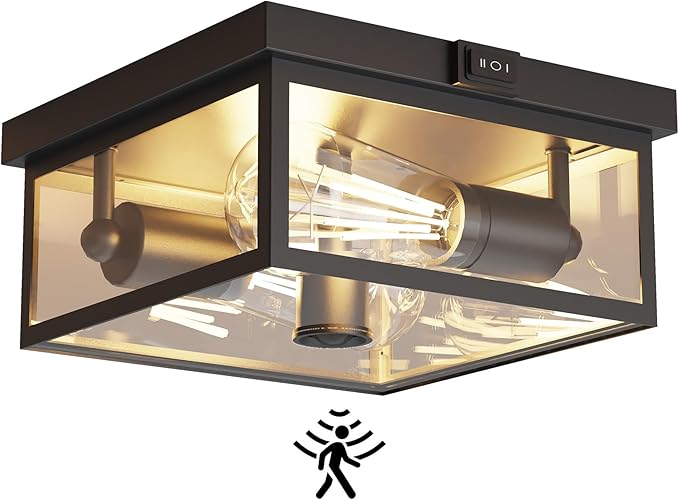 Outdoor Ceiling Light with Motion Sensor, Flush Mount Porch Ceiling Light, Exterior Ceiling Light Fixture with Clear Glass, Dusk to Dawn 2-Light Close to Ceiling Light Fixture for Patio,Porch,Garage