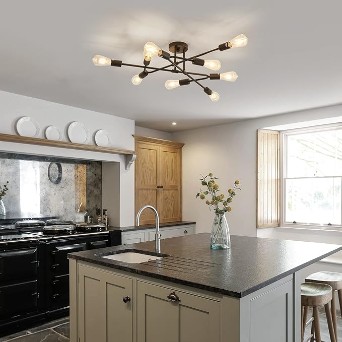 ZGLAOJT Black Semi Flush Mount Ceiling Light Fixture,9 Light Modern Metal Chandelier,Ceiling Light for Kitchen Farmhouse Island Dining Room Bedroom