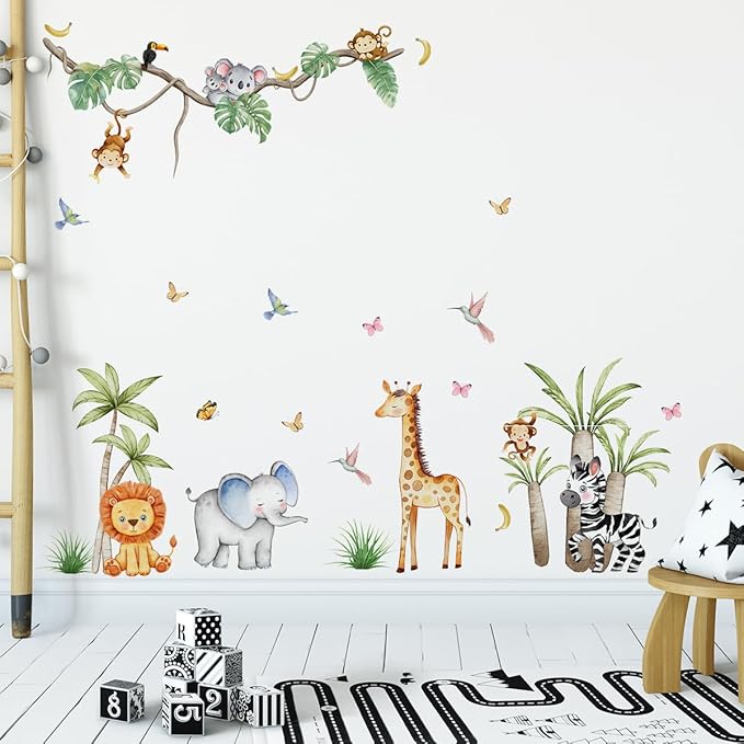 Jungle Animals Wall Decals Elephant Lion Monkey, Removable Kids Toddler Safari Wall Stickers Peel and Stick Wall Art Decor Wallpaper for Classroom Bedroom Nursery Playroom