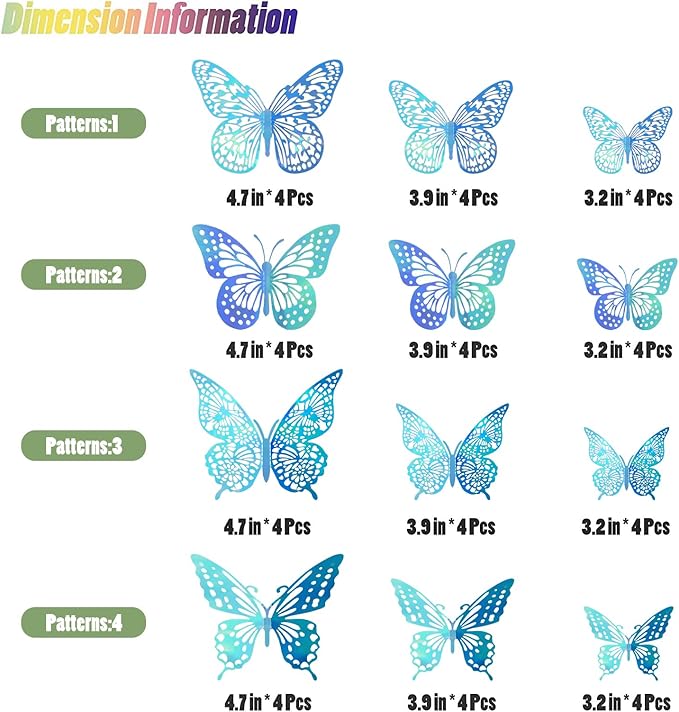 SAOROPEB 3D Butterfly Wall Decor 48 Pcs 4 Styles 3 Sizes, Butterfly Decorations for Butterfly Birthday Decorations Butterfly Party Decorations Cake Decorations, Removable Stickers (Laser Blue)