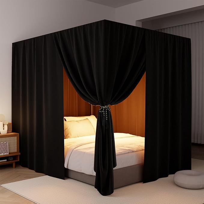 Black Canopy Bed Curtains - 4 Corner Post Bed Curtains Twin Lightproof Drapes Bed Canopy Curtains with Tie Backs for Adults & Girls Bedroom Decoration(Black,Twin)