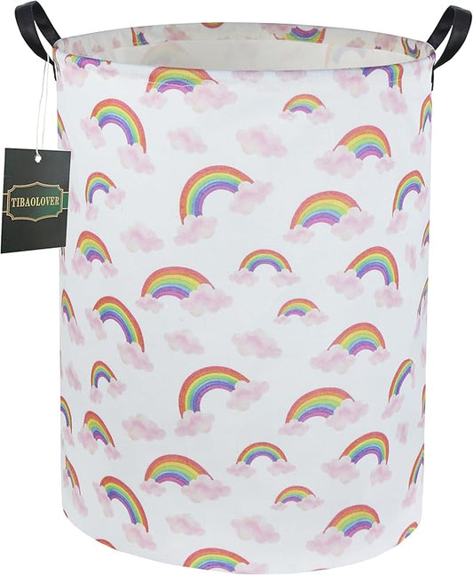 Rainbow Pink Laundry Basket Baby Girls Laundry Hamper Kids Toy Storage Basket Organizer Bins for Girls Room Decor Rainbow Gift Basket Nursery Hamper for Bedroom Bathroom (Rainbow)