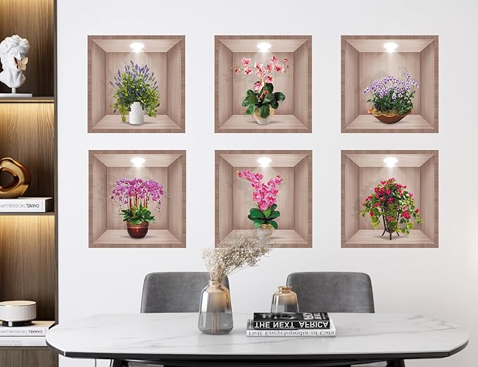 DTLIFEK 3D Green Plants Wall Decals 3D Flowers Vase Wall Sticker Green Pot Plants Wall Decor Colorful Floral Blossom Botanical Wall Panels Removable Peel and Stick Wallpaper for Bedroom Kitchen 39090