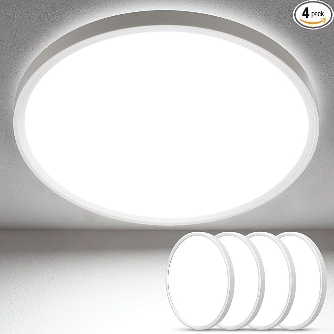 SunRider 4-Pack 16 Inch LED Flush Mount Ceiling Light, 3200LM, 5000K Daylight White, 32W Dimmable Modern Round Flat Ceiling Lights for Living Room