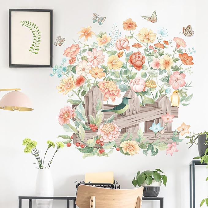 Watercolor Flowers Wall Decals Removable Spring Floral Butterfly Bird Wall Stickers Girls Bedroom Living Room Nursery Wall Decor