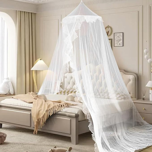 Daksha Princess Bed Canopy for Girls Room, Top and Door Trim with Lace Design, White Bed Canopy with Ruffles Fits Single, Twin, Full, and Queen Beds, Bedroom Decoration